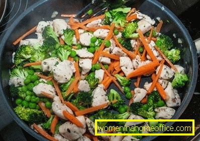 Додај моркови, конзервирана грашок и брокула до пилешко